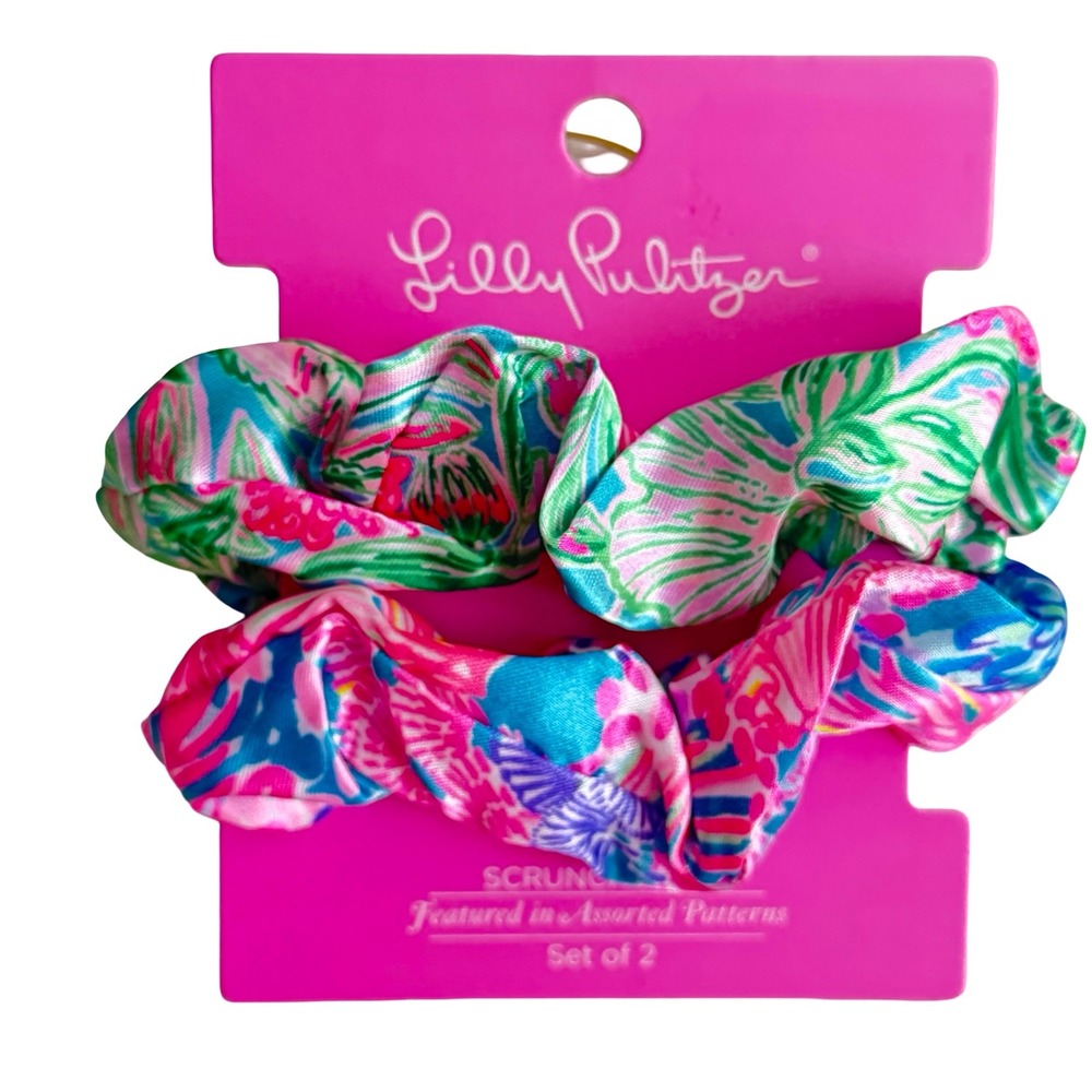 Lilly Pulitzer Silky Scrunchie Set of 2 Multicolored Pink Floral Hair Ties New